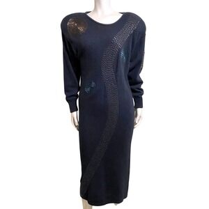 Vintage 80s Mob Wife Silk Angora Beaded Sweater Dress Black Petite P Noir Art